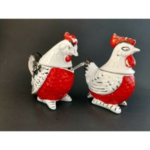 Vintage Antique Rooster Hen Salt Pepper Sugar Creamer Ceramic Set Red Black Wht
